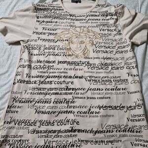 Versace Jeans Collection Cream Tee with Black Script and Gold Medusa